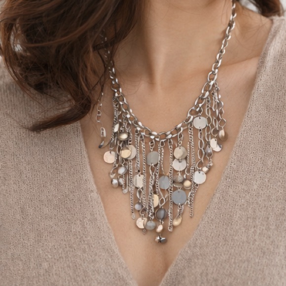 Silver Fringe Statement Necklace Layered Chain Bib Boho Festival - Picture 2 of 4